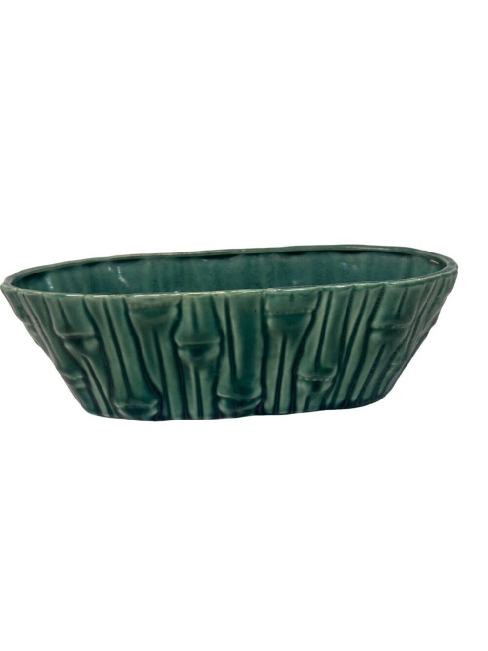 Vintage Brush Pottery Green Bamboo Textured Planter 10" Oval Mid-Century Ceramic